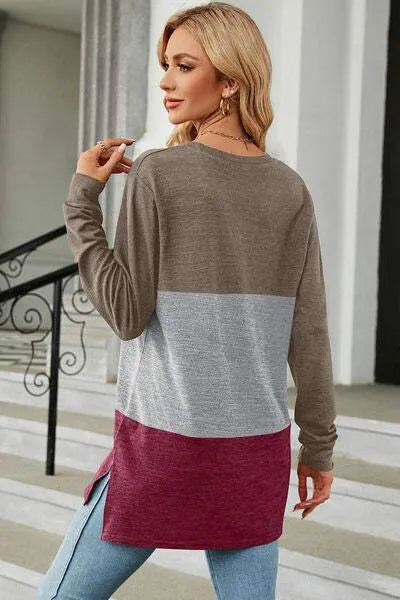 Color Block Round Neck Long Sleeve T-Shirt Women's T-Shirts - Tophatter Daily Deals